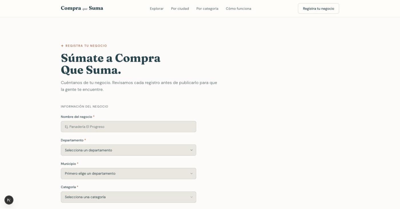 Formulario de registro de negocio, con campos validados